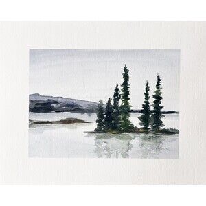 8x10 PNW Original Watercolor Pine Trees on Island in Lake Moody Sky Art Signed